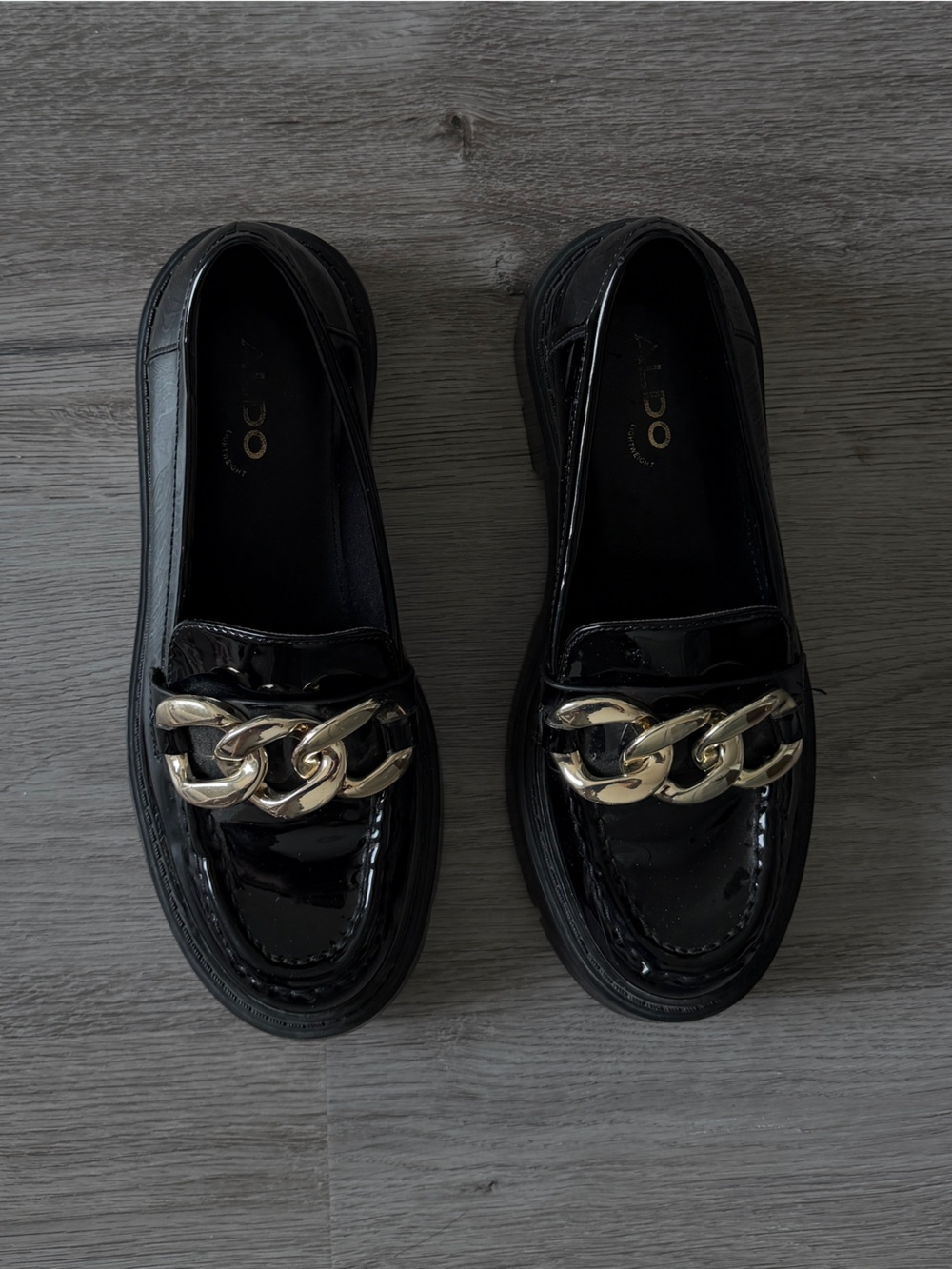 Aldo Black Patent Loafers with Gold Chain Accent